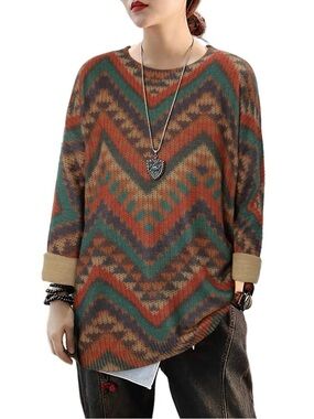 Oversized Chevron Pattern Knit Sweater - Rust Green